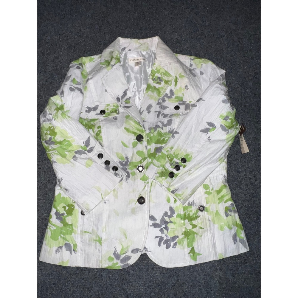 Coldwater Creek Floral Snap Front Jacket White Green Grey Cotton Blend P4 NWT